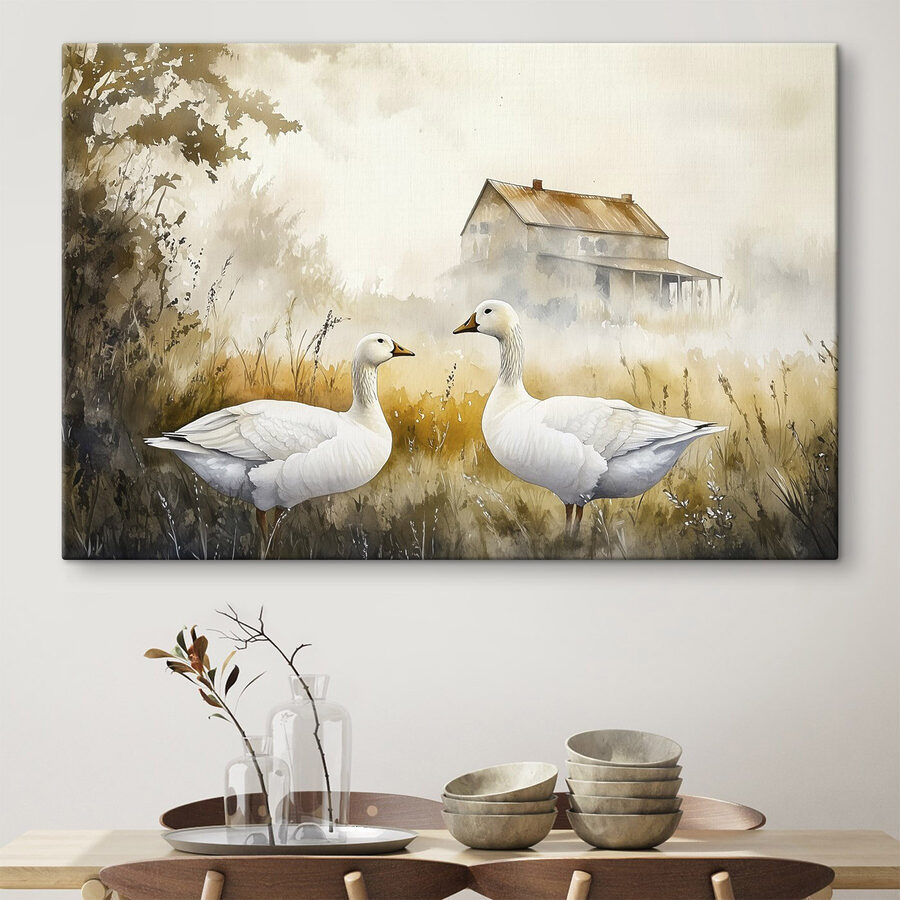Aquarell von zwei Gänsen in einem Feld
