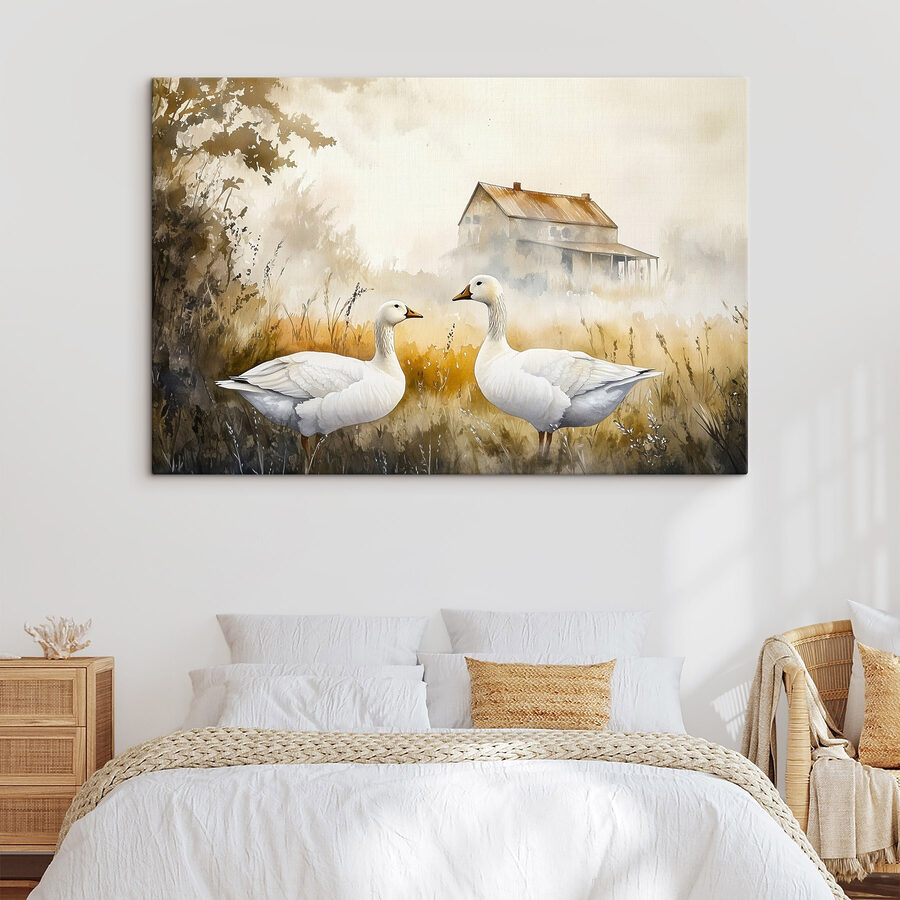 Aquarell von zwei Gänsen in einem Feld