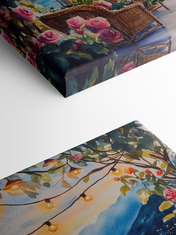 Aquarell einer Terrasse mit Stühlen und Blumen und Lichtern von einer Schnur Aquarell einer Terrasse mit Stühlen und Blumen und Lichtern von einer Schnur