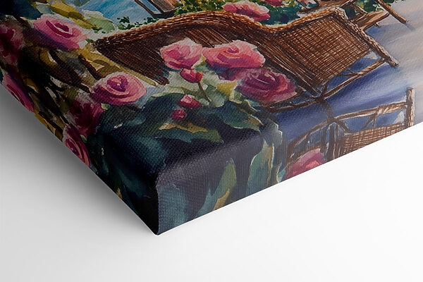 Aquarell einer Terrasse mit Stühlen und Blumen und Lichtern von einer Schnur Aquarell einer Terrasse mit Stühlen und Blumen und Lichtern von einer Schnur