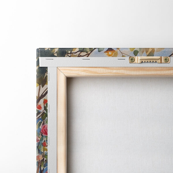 Aquarell einer Terrasse mit Stühlen und Blumen und Lichtern von einer Schnur Aquarell einer Terrasse mit Stühlen und Blumen und Lichtern von einer Schnur