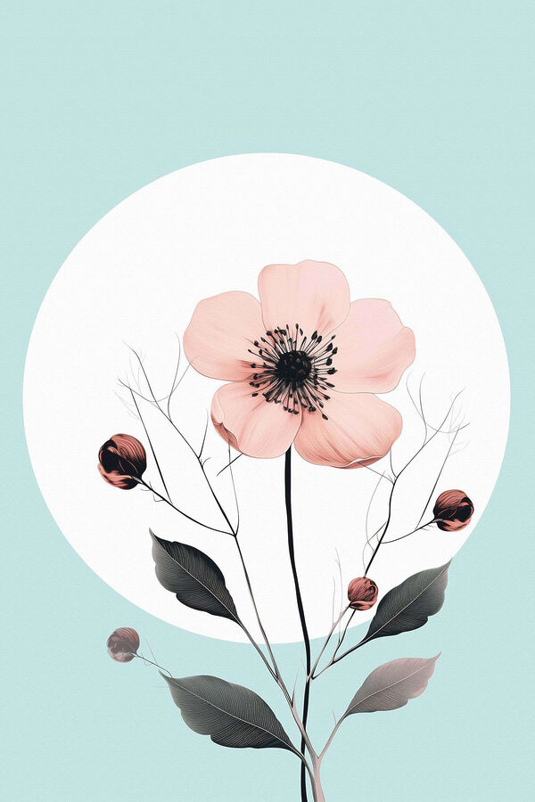 Pink flower with black center and leaves Pink flower with black center and leaves