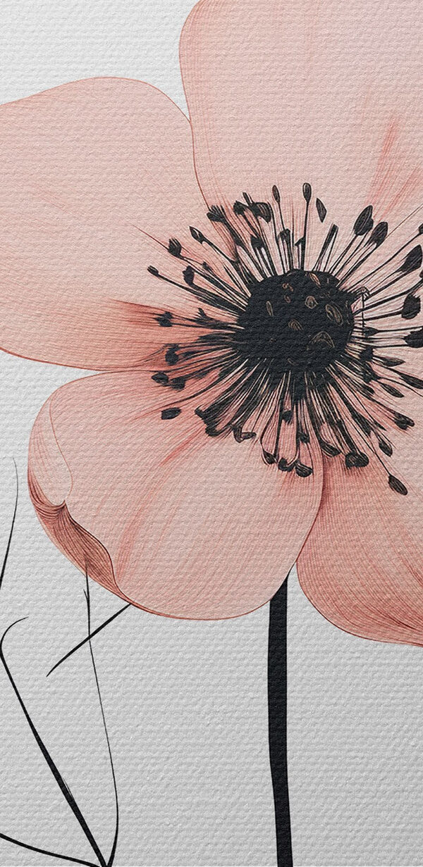 Pink flower with black center and leaves Pink flower with black center and leaves