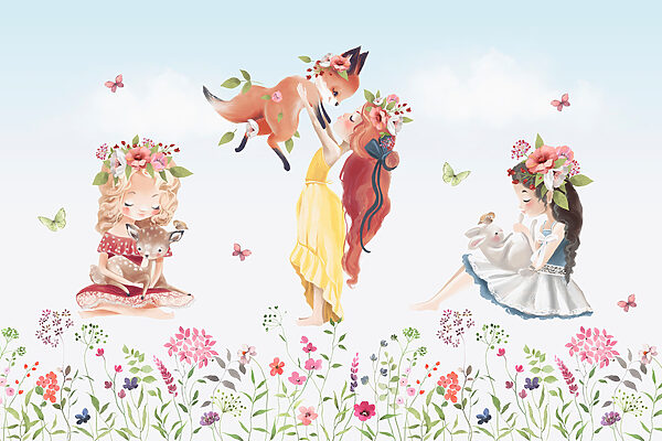 Gruppe von Mädchen mit Tieren in einem Blumenfeld Gruppe von Mädchen mit Tieren in einem Blumenfeld