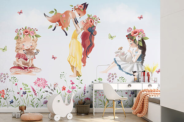 Gruppe von Mädchen mit Tieren in einem Blumenfeld Gruppe von Mädchen mit Tieren in einem Blumenfeld