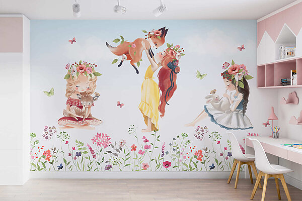 Gruppe von Mädchen mit Tieren in einem Blumenfeld Gruppe von Mädchen mit Tieren in einem Blumenfeld
