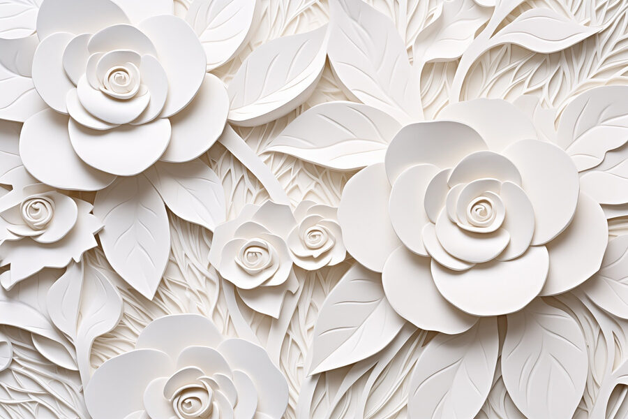 Weiße Papierblumen und Blätter