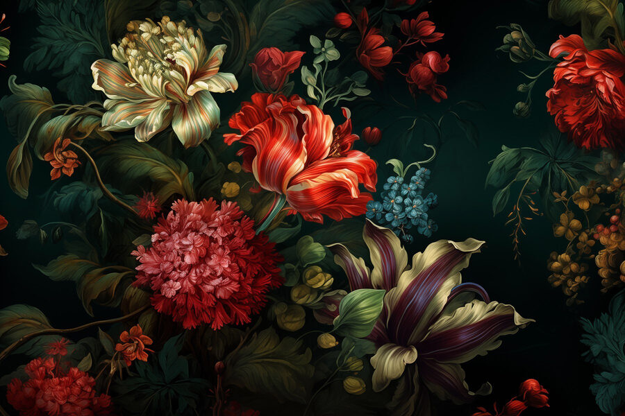 Gemälde mit Blumen auf dunklem Hintergrund