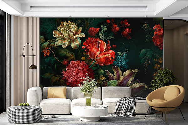 Gemälde mit Blumen auf dunklem Hintergrund Gemälde mit Blumen auf dunklem Hintergrund