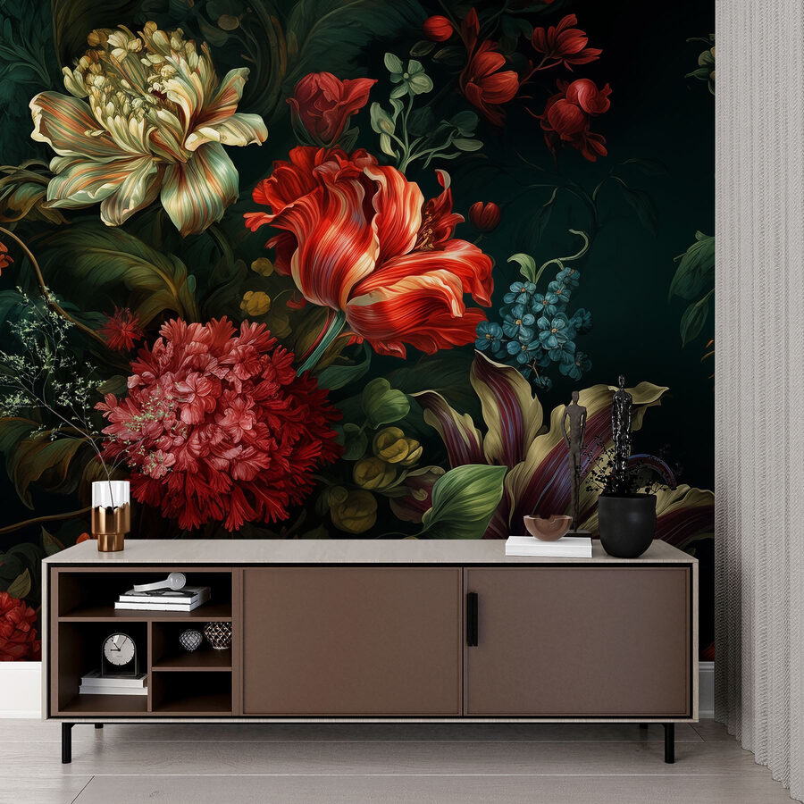Gemälde mit Blumen auf dunklem Hintergrund