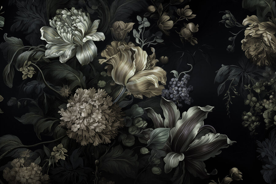Gemälde von Blumen auf schwarzem Hintergrund