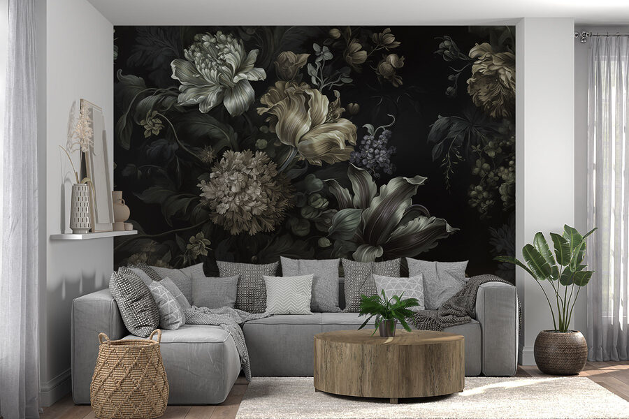 Gemälde von Blumen auf schwarzem Hintergrund