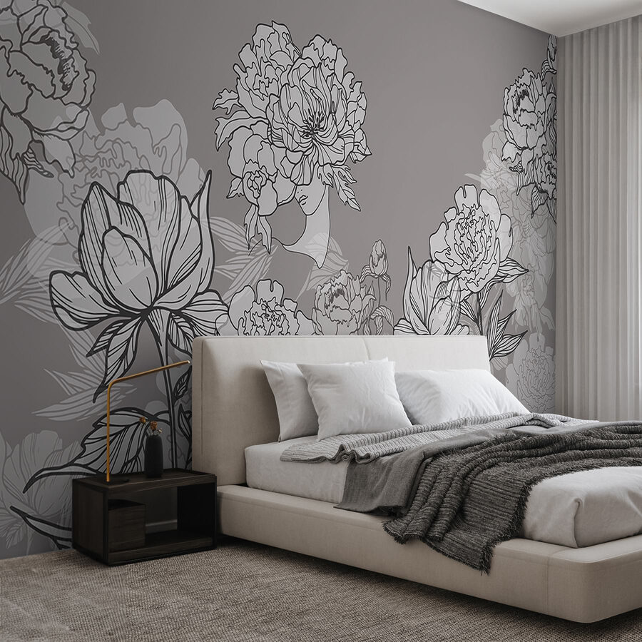 Linie von Blumen auf grauem Hintergrund Linie von Blumen auf grauem Hintergrund