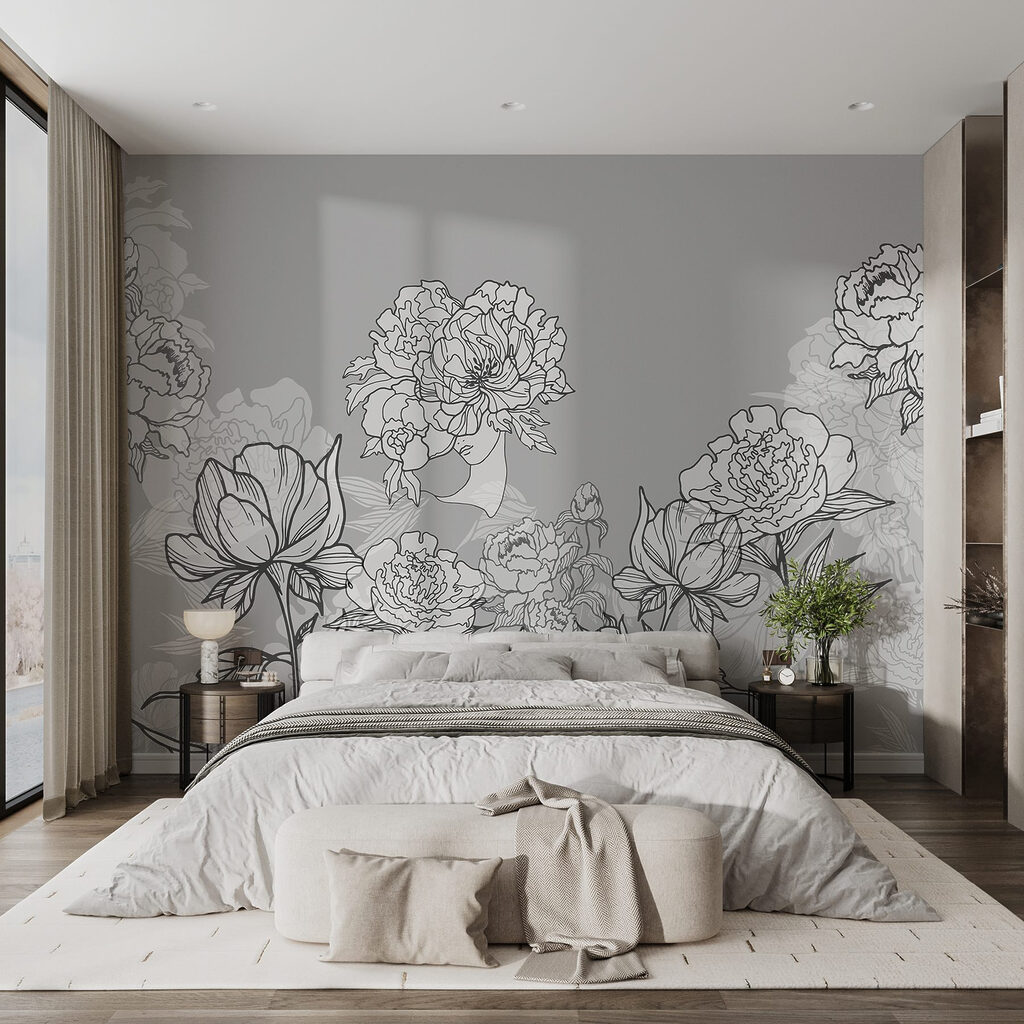 Line of flowers on a gray background Line of flowers on a gray background