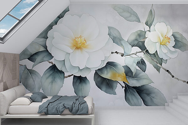 Weiße Blüte mit grünen Blättern Weiße Blüte mit grünen Blättern