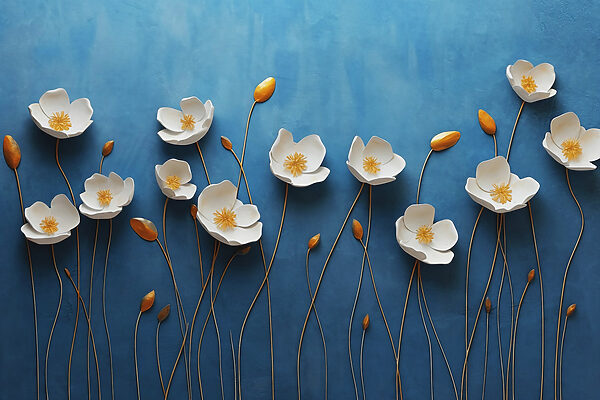 Gruppe von weißen Blumen auf blauem Hintergrund Gruppe von weißen Blumen auf blauem Hintergrund