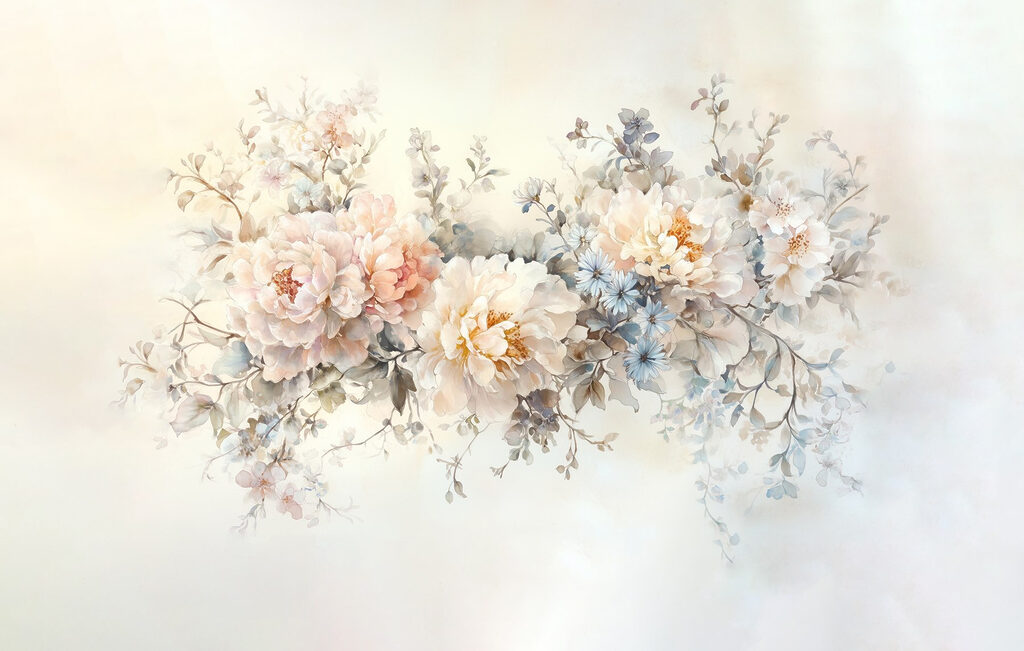 Malerei von Blumen auf einer weißen Fläche Malerei von Blumen auf einer weißen Fläche