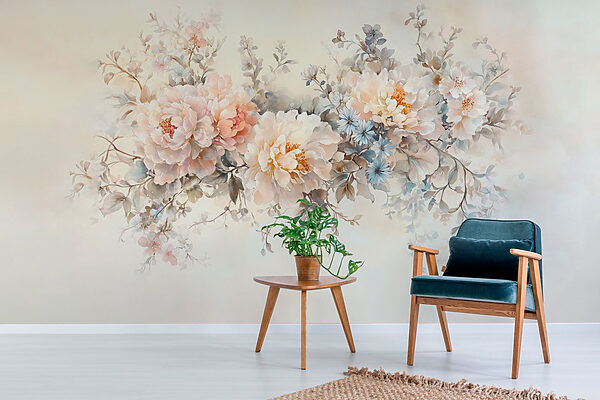 Malerei von Blumen auf einer weißen Fläche Malerei von Blumen auf einer weißen Fläche