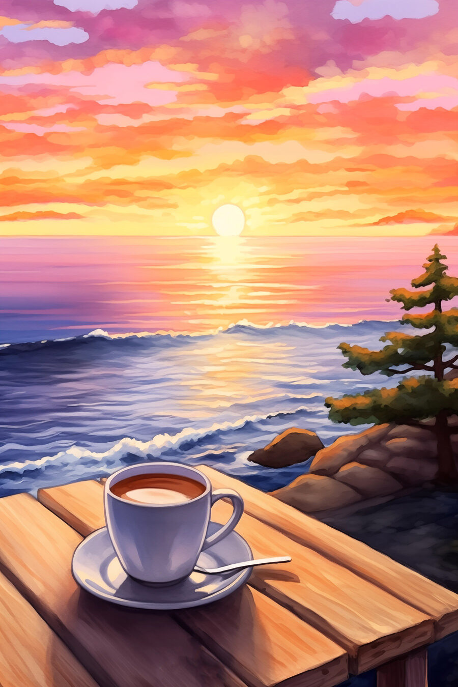 Tasse Kaffee auf einem Tisch mit Blick auf ein Gewässer