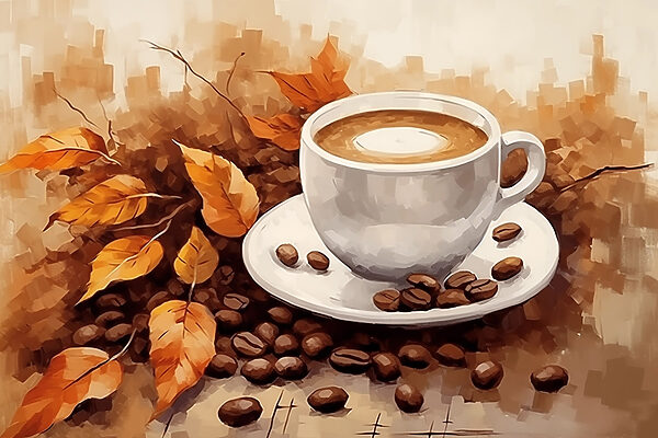 Kaffeetasse und Bohnen auf einer Untertasse Kaffeetasse und Bohnen auf einer Untertasse