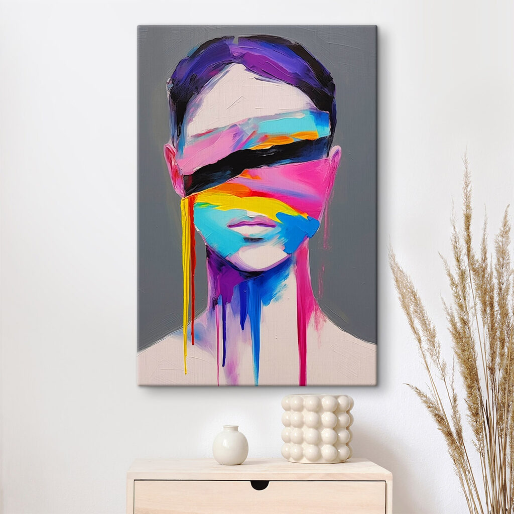 Painting of a woman with colorful paint on her face Painting of a woman with colorful paint on her face