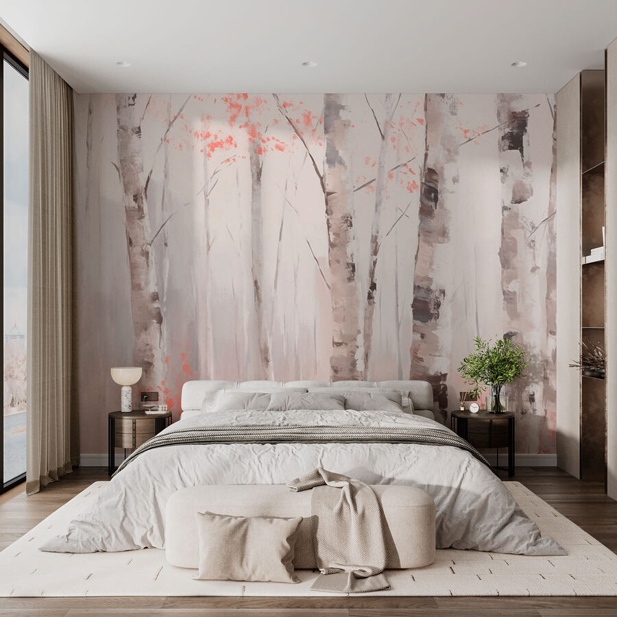 Gemälde von Bäumen mit rosa Blättern