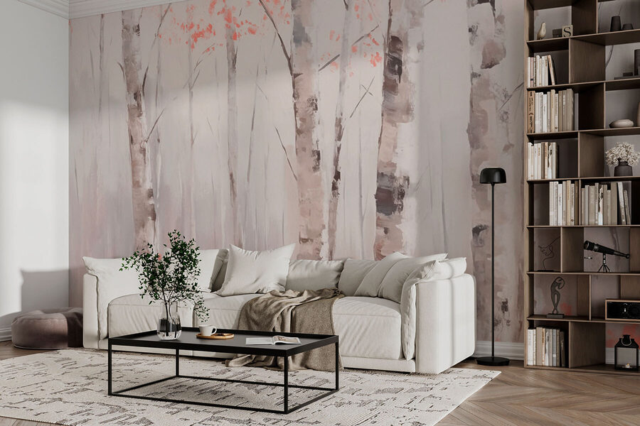 Gemälde von Bäumen mit rosa Blättern