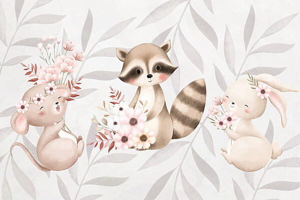 Waschbär und Kaninchen halten Blumen Waschbär und Kaninchen halten Blumen