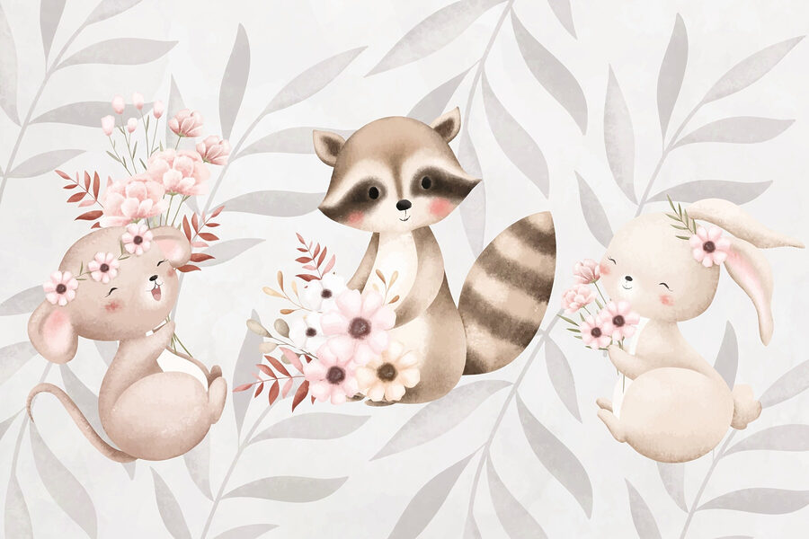 Waschbär und Kaninchen halten Blumen