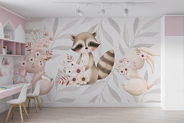 Waschbär und Kaninchen halten Blumen Waschbär und Kaninchen halten Blumen