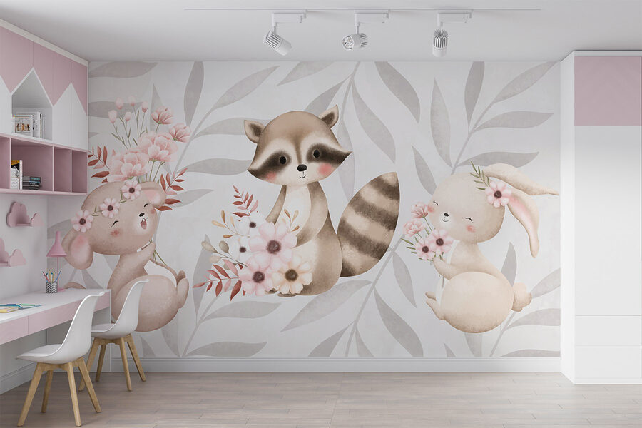 Waschbär und Kaninchen halten Blumen