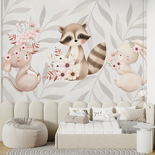 Waschbär und Kaninchen halten Blumen Waschbär und Kaninchen halten Blumen
