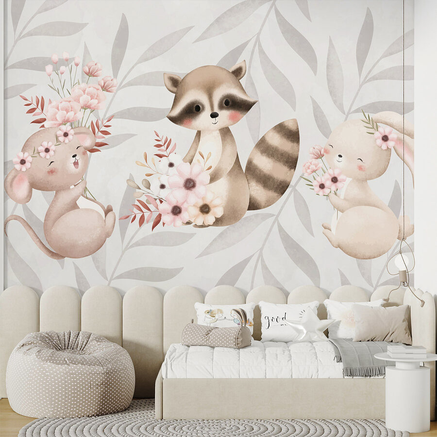 Waschbär und Kaninchen halten Blumen