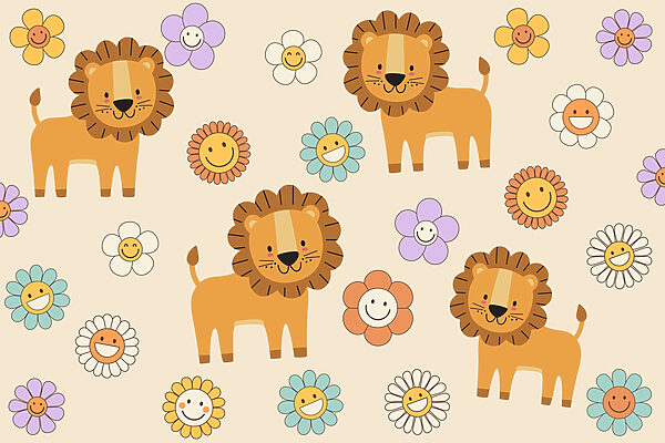 Gruppe von Cartoon-Löwen und Blumen w03863p 600x400 - Gruppe von Cartoon-Löwen und Blumen
