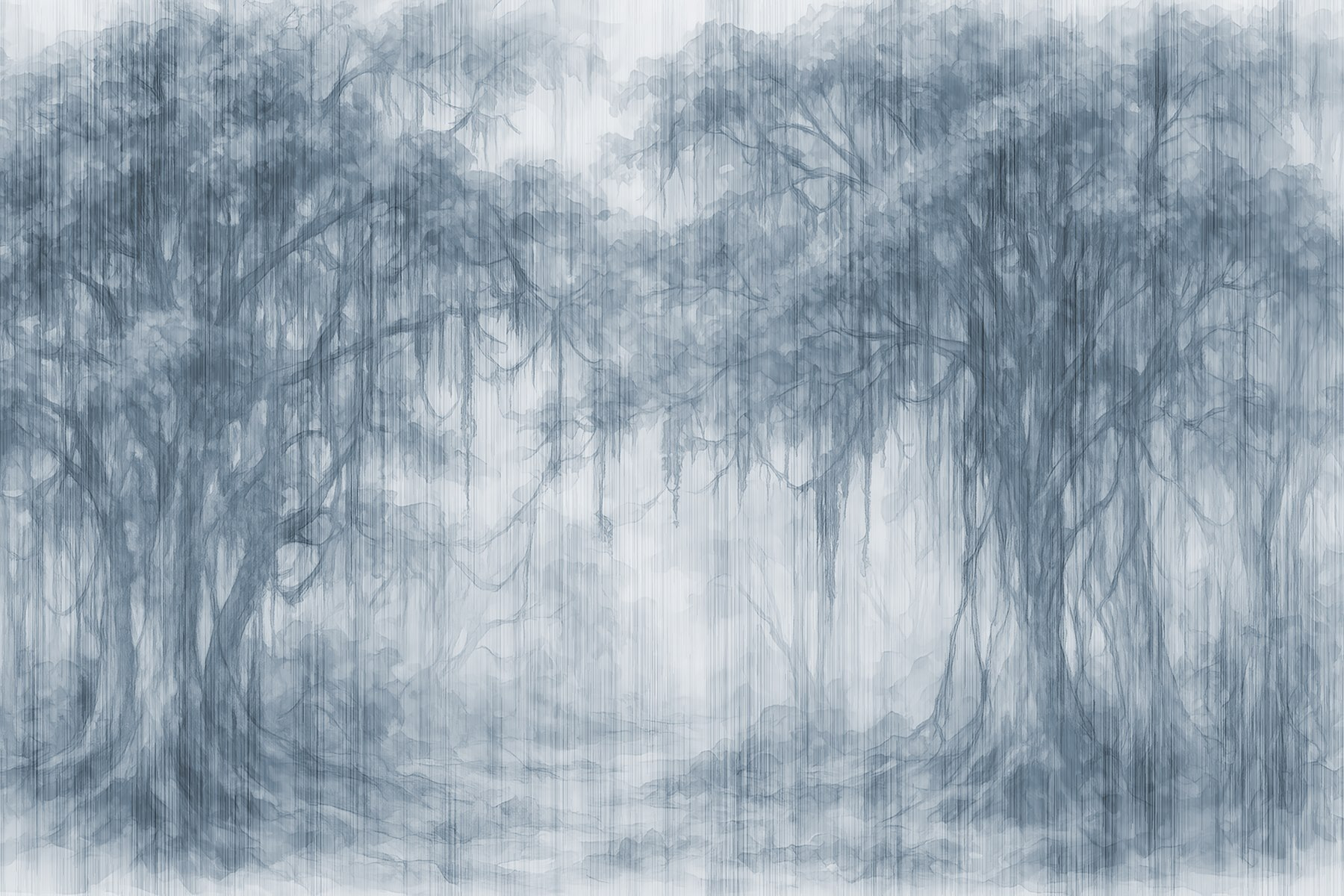 Group of trees in a foggy forest