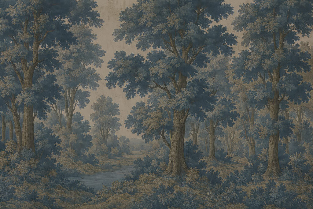 Gemälde von Bäumen und einem Fluss Gemälde von Bäumen und einem Fluss