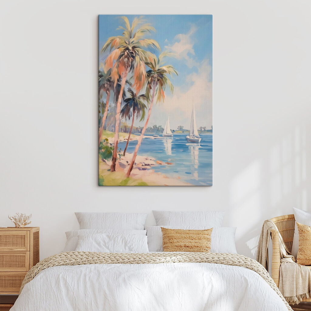 Painting of a beach with palm trees and boats Painting of a beach with palm trees and boats