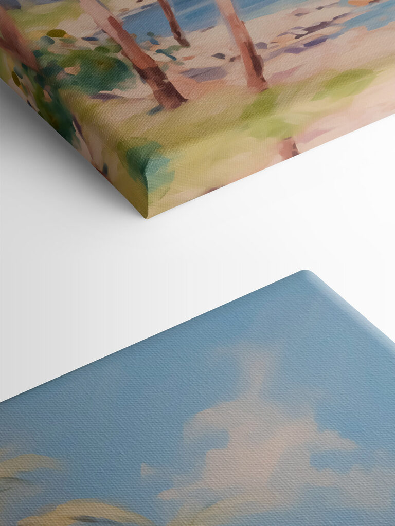 Painting of a beach with palm trees and boats Painting of a beach with palm trees and boats