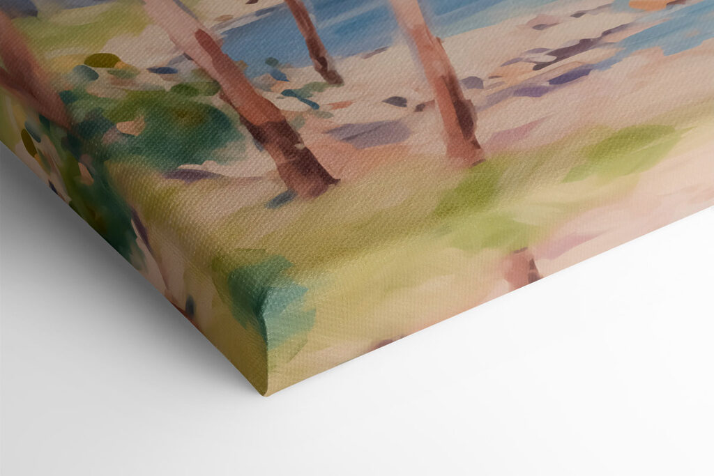 Painting of a beach with palm trees and boats Painting of a beach with palm trees and boats