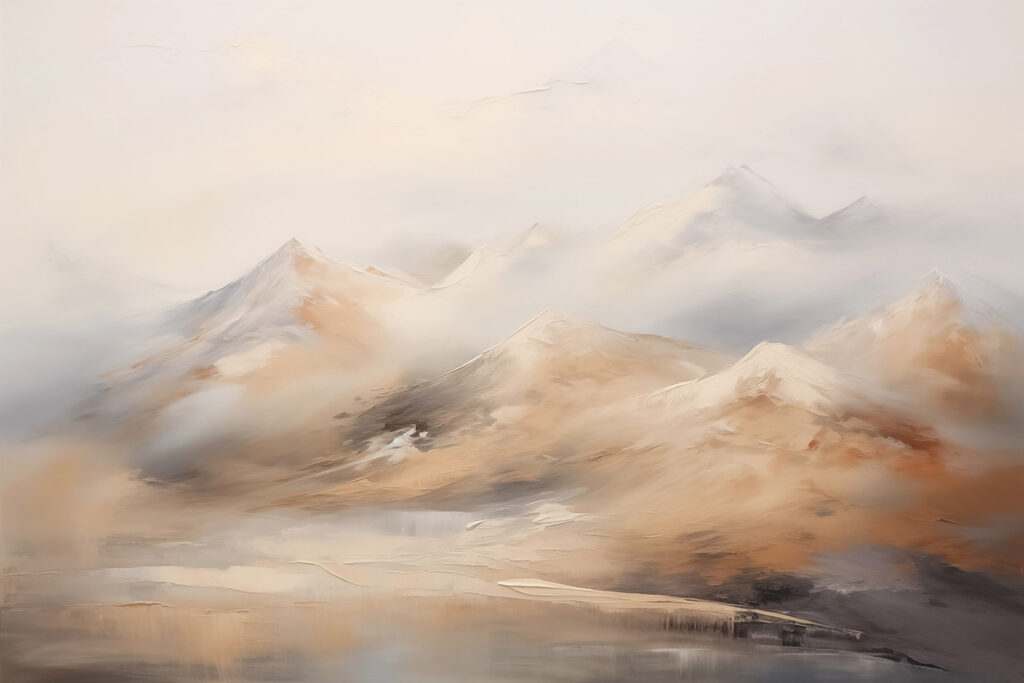 Painting of mountains and fog