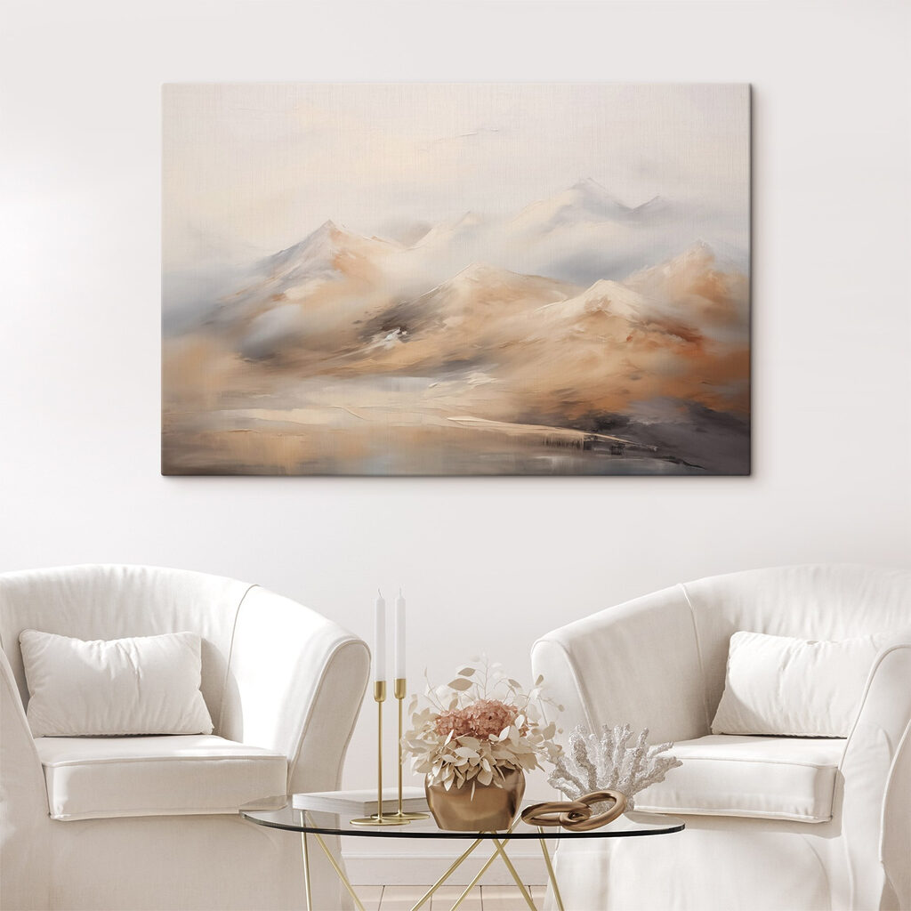 Painting of mountains and fog