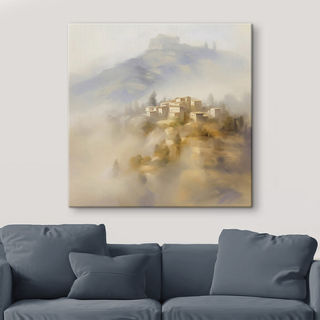 Painting of a village on a hill