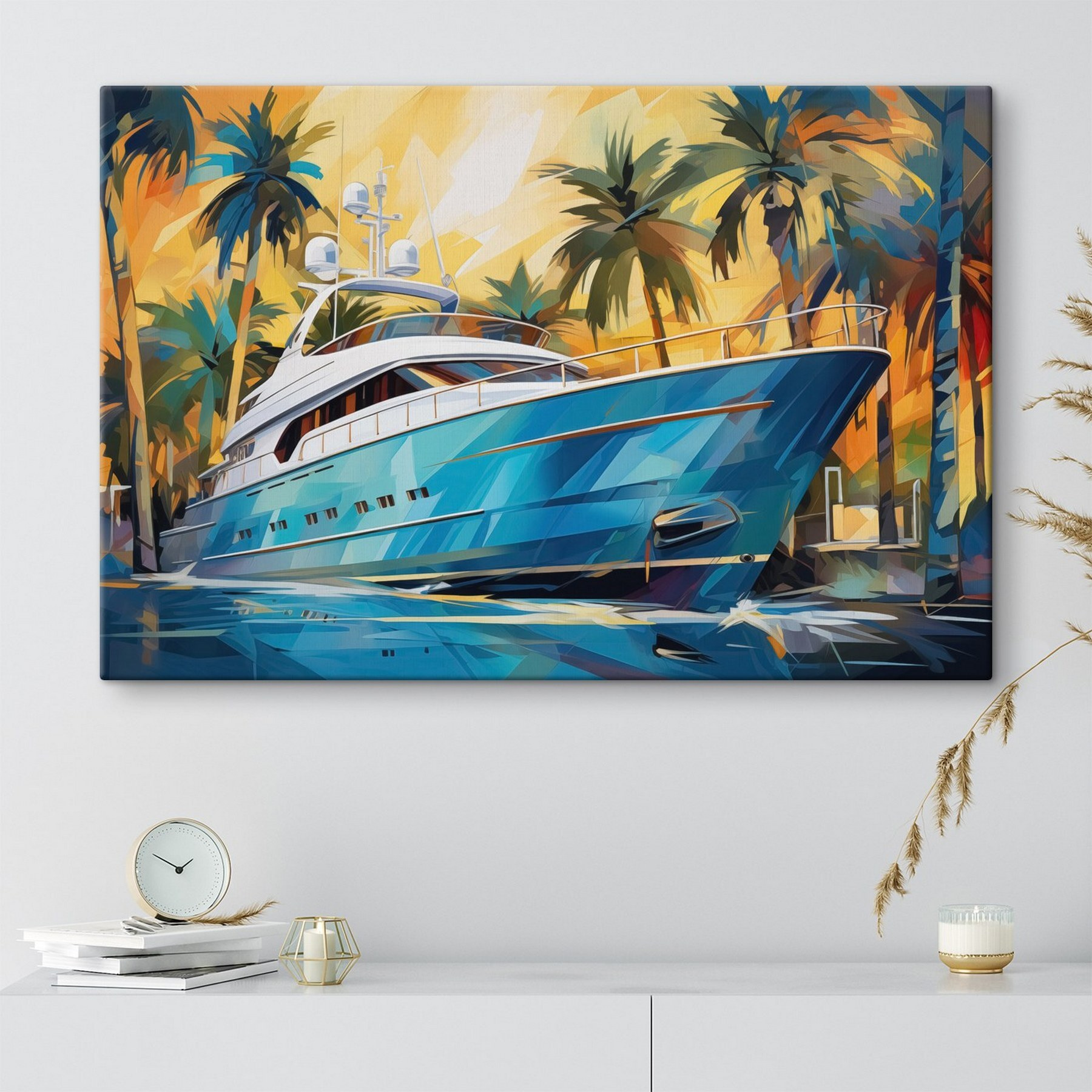 Blue boat in water with palm trees