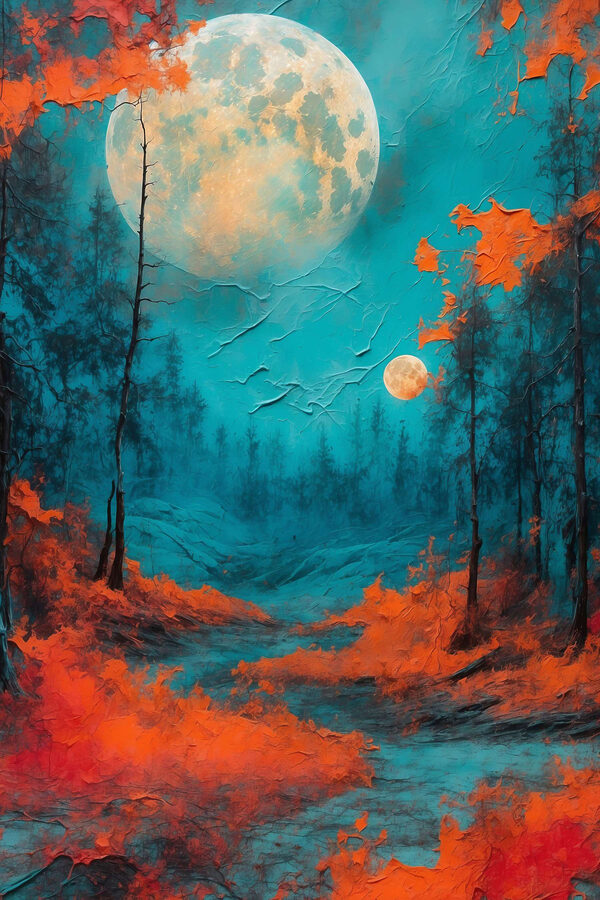 Gemälde eines Waldes mit orangefarbenen Blättern und einem Vollmond Gemälde eines Waldes mit orangefarbenen Blättern und einem Vollmond