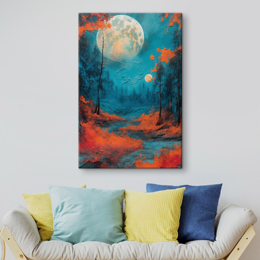 Gemälde eines Waldes mit orangefarbenen Blättern und einem Vollmond Gemälde eines Waldes mit orangefarbenen Blättern und einem Vollmond