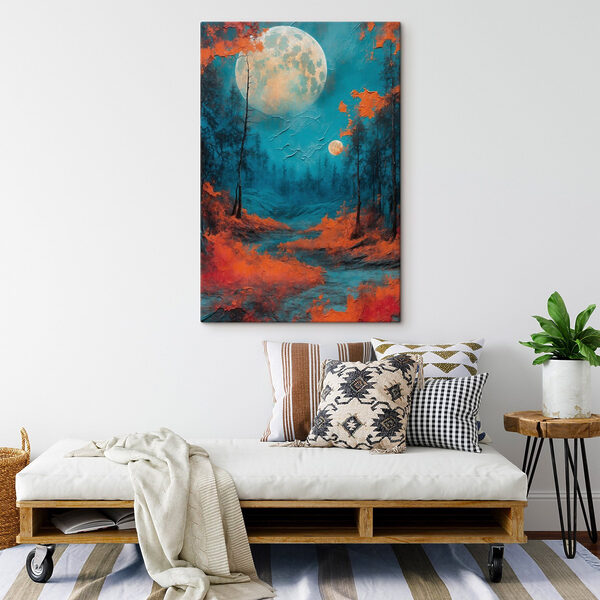 Gemälde eines Waldes mit orangefarbenen Blättern und einem Vollmond Gemälde eines Waldes mit orangefarbenen Blättern und einem Vollmond