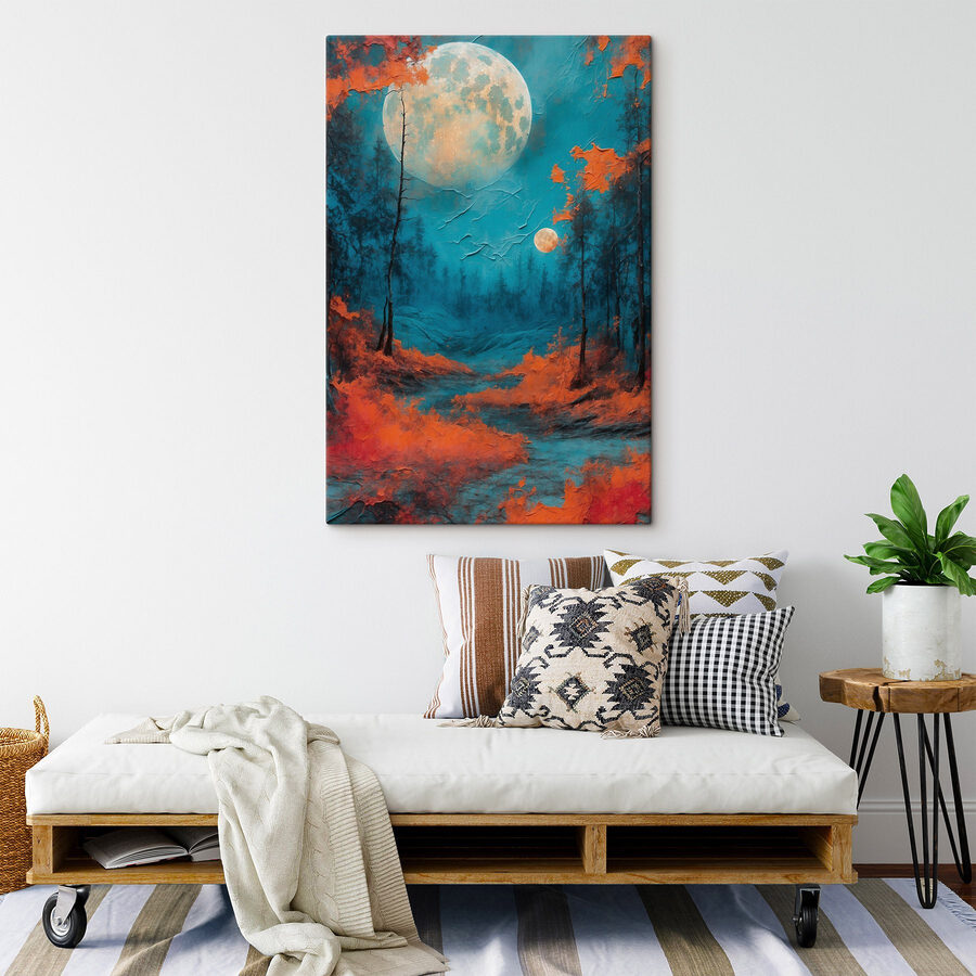Gemälde eines Waldes mit orangefarbenen Blättern und einem Vollmond Gemälde eines Waldes mit orangefarbenen Blättern und einem Vollmond