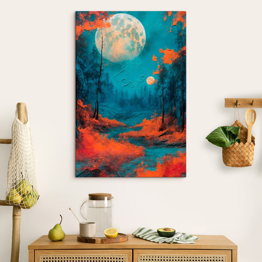 Gemälde eines Waldes mit orangefarbenen Blättern und einem Vollmond Gemälde eines Waldes mit orangefarbenen Blättern und einem Vollmond