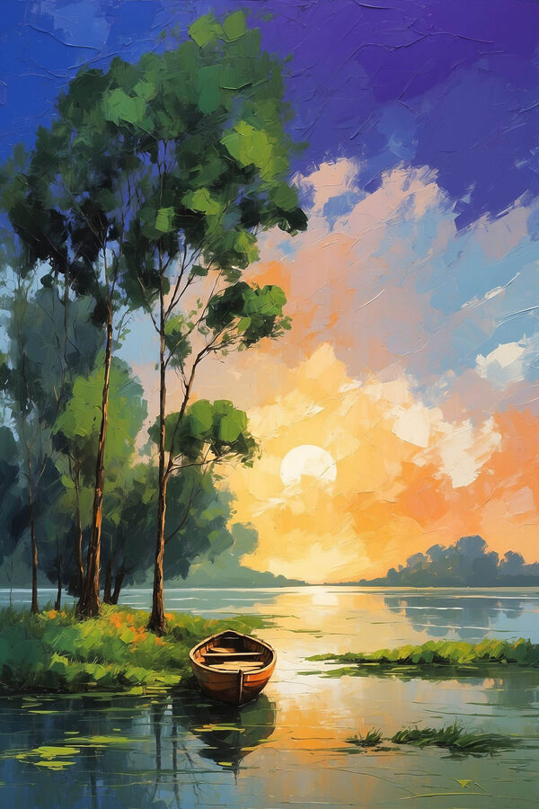Gemälde eines Bootes auf einem See Gemälde eines Bootes auf einem See