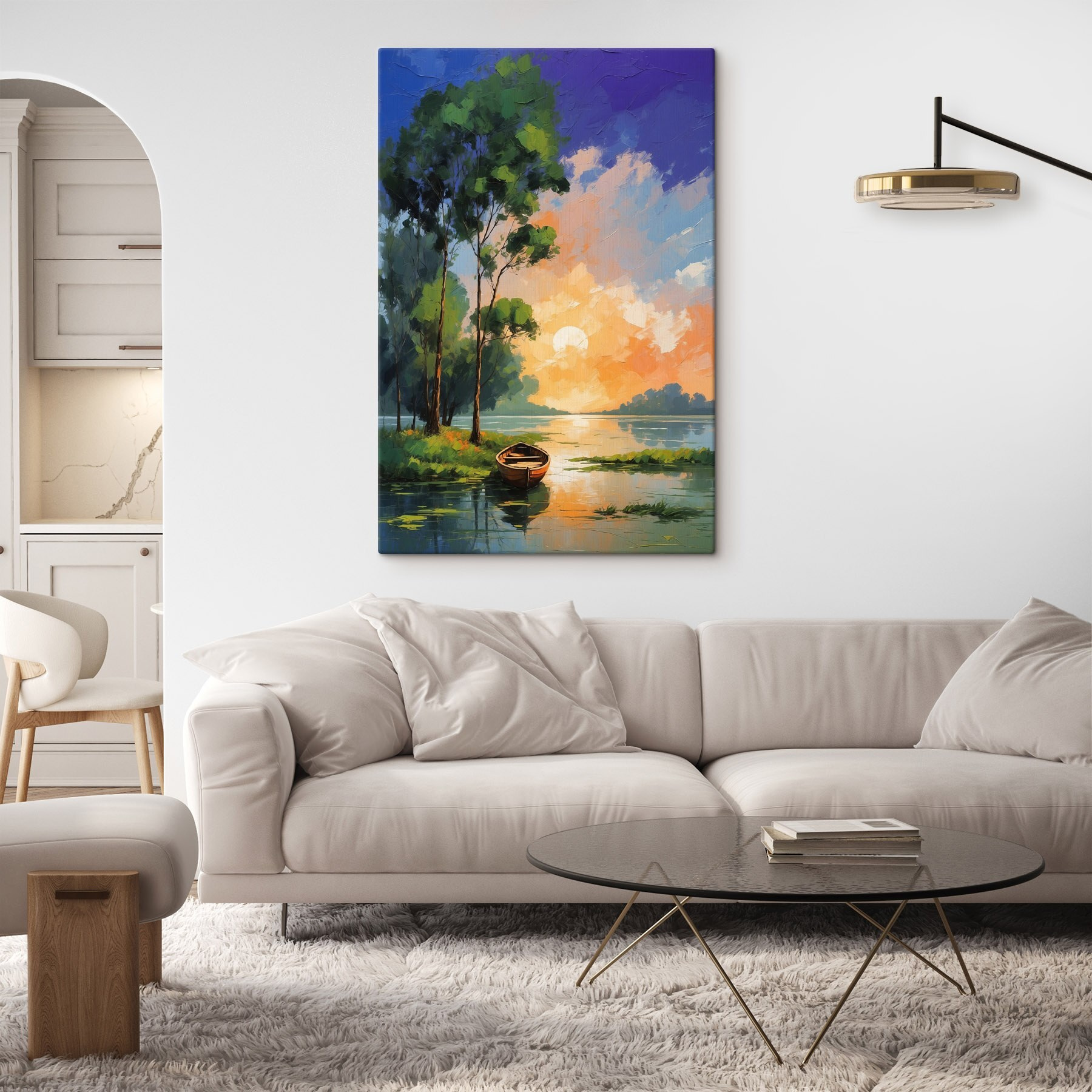 Painting of a boat on a lake